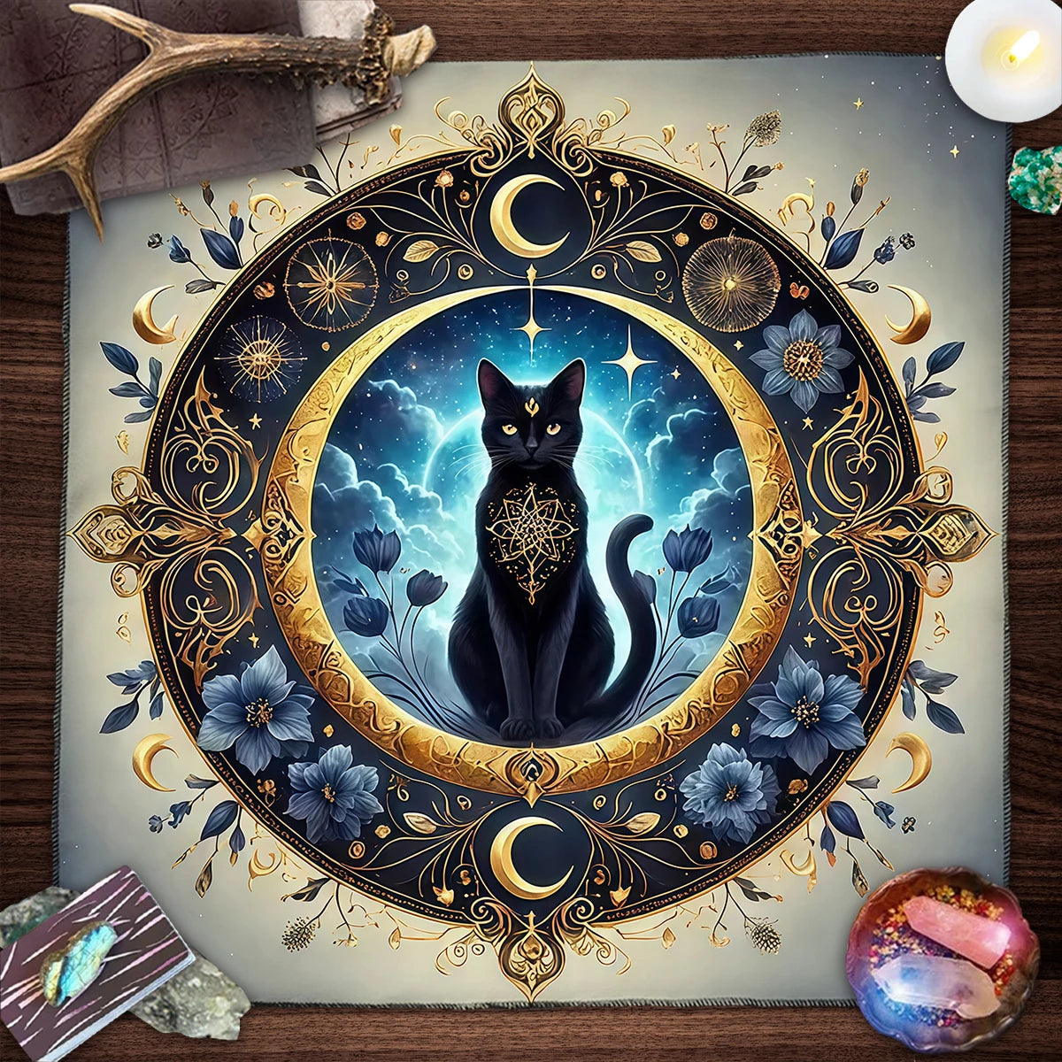 Decorative mat with a black cat, moon, and floral design on a wooden surface.