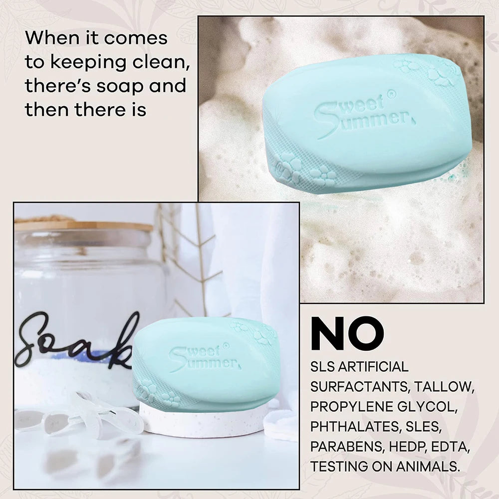 Teal soap bar with branding on a white background, surrounded by text about product features.