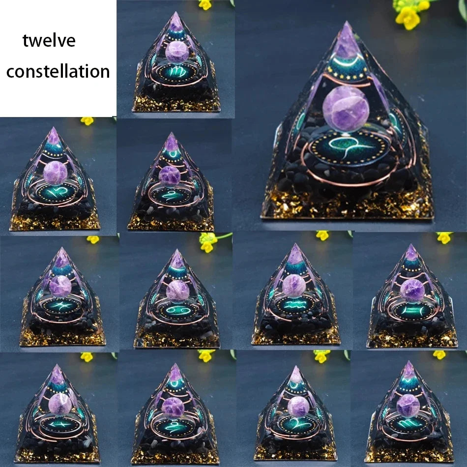 Decorative pyramid with a glowing purple sphere on a dark background