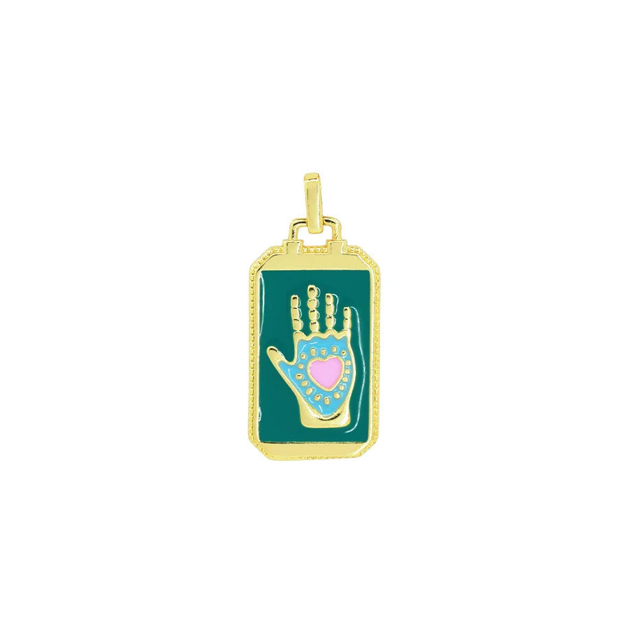 Gold pendant with a green background and a hand design featuring a pink heart, on a white background.