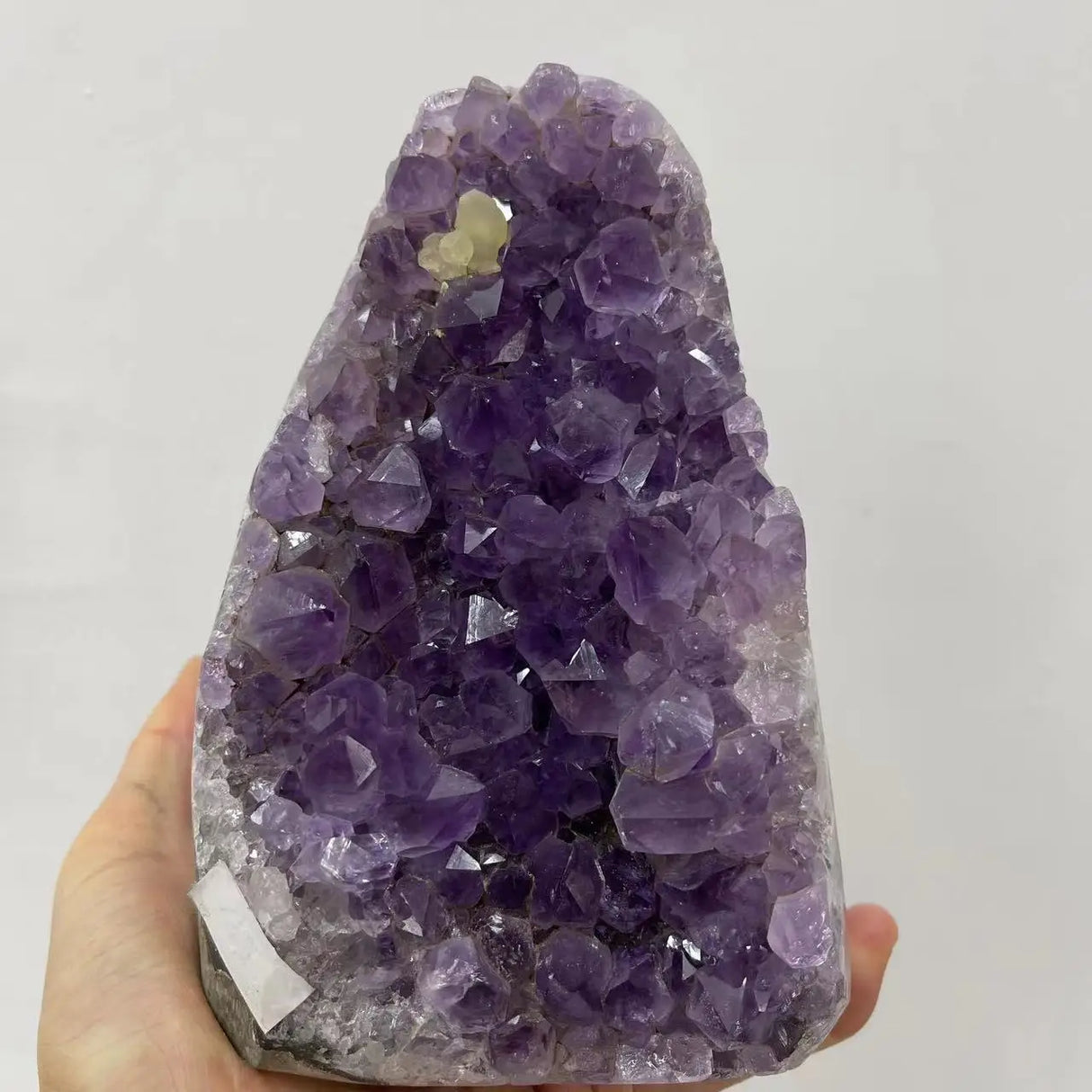 Amethyst crystal cluster held by a hand against a white background