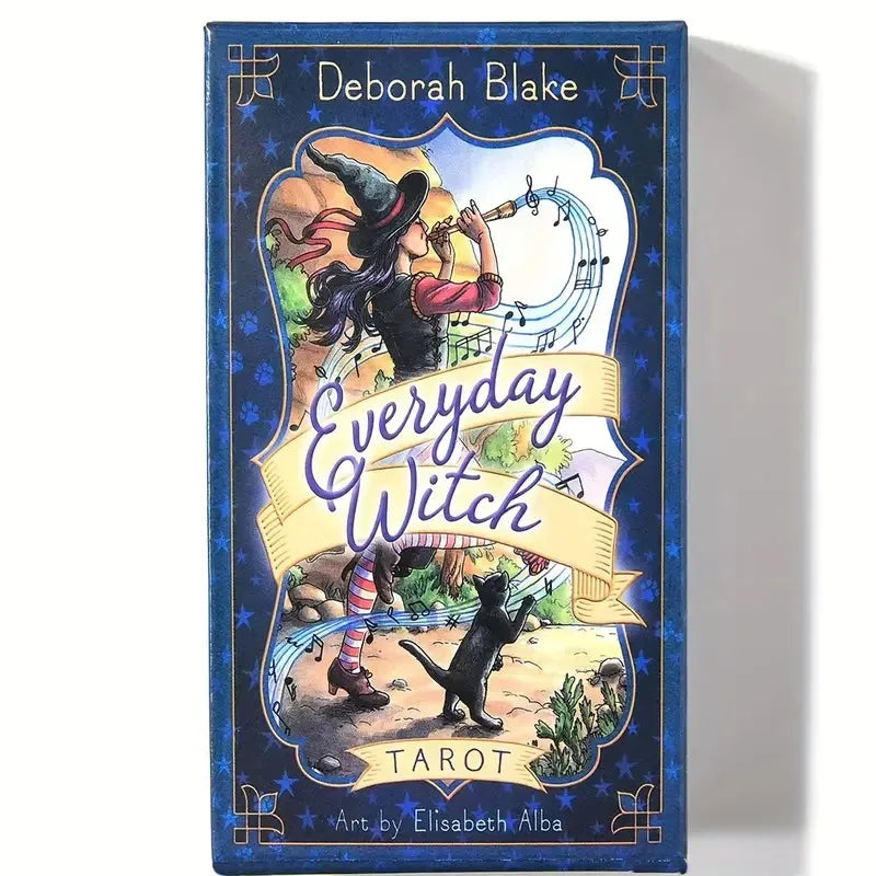 Tarot card box with 'Everyday Witch' branding and a witch illustration on a blue background.
