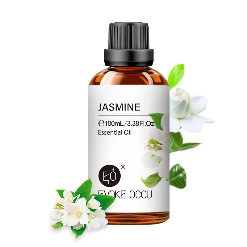 Essential oil bottle with jasmine flowers on a white background, featuring the brand 'Evoke Occu'.