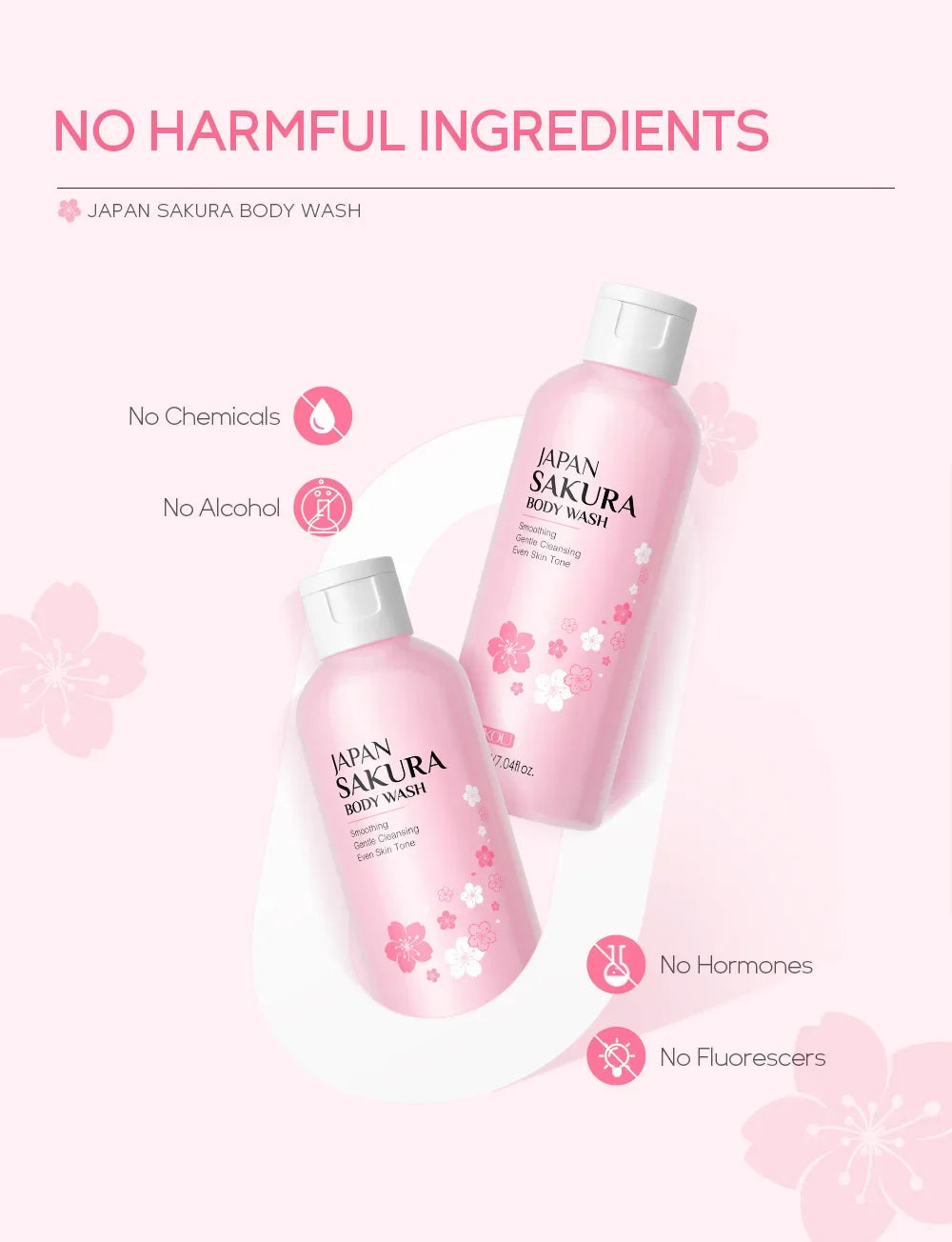 Two bottles of Japan Sakura body wash with cherry blossom design on a white background.