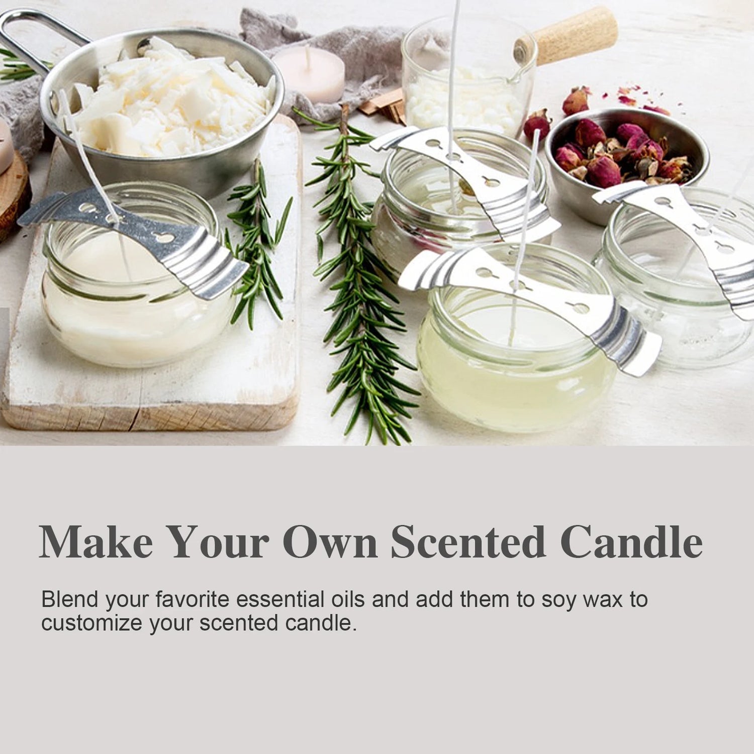 Materials for making scented candles including jars, wax, and essential oils on a white surface.