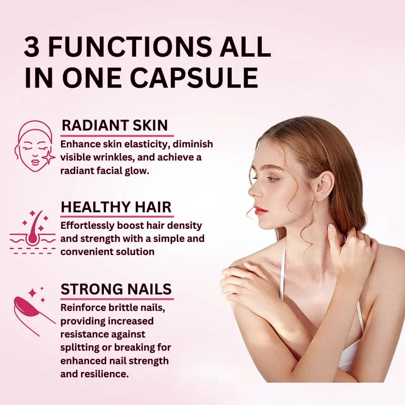 Advertisement for a capsule with three functions: radiant skin, healthy hair, and strong nails, featuring a woman with smooth skin.