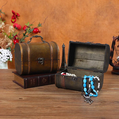 Wooden jewelry box with a bracelet on a wooden surface with a decorative background