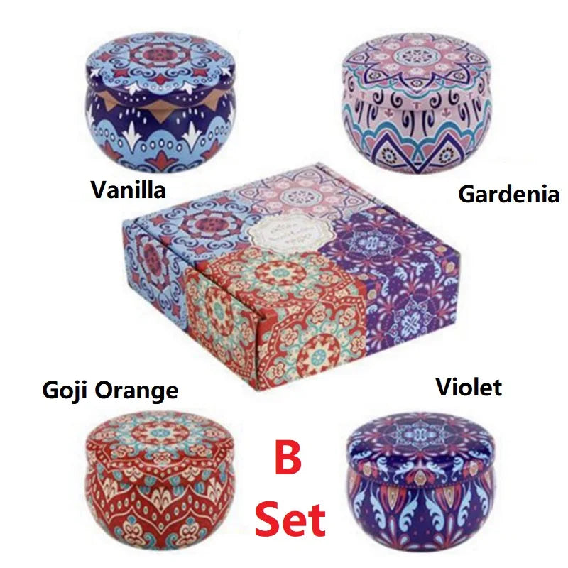 Set of decorative tins with colorful patterns and a box labeled 'B Set' on a white background.