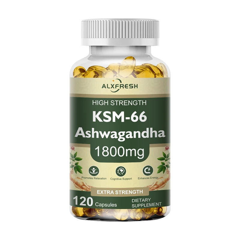 Supplement bottle labeled 'KSM-66 Ashwagandha' with a white background