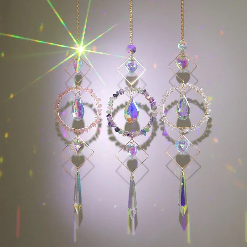 Decorative crystal hanging with rainbow折射效果 on a gray background