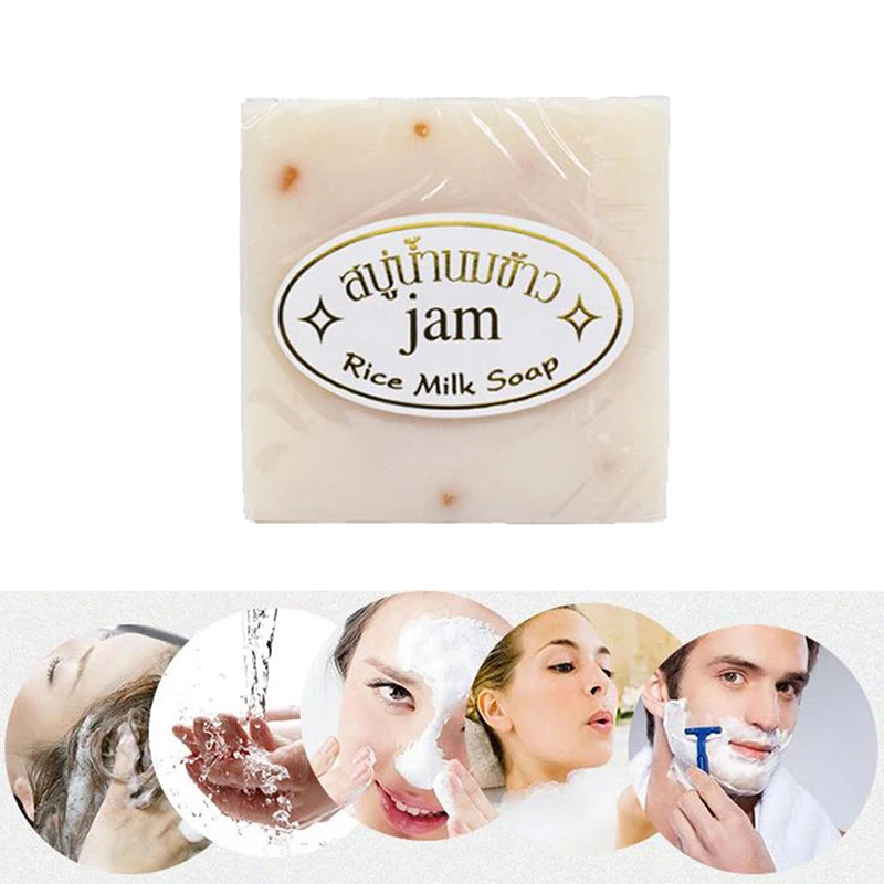 Bar of rice milk soap with 'jam' branding and images of people using the soap.