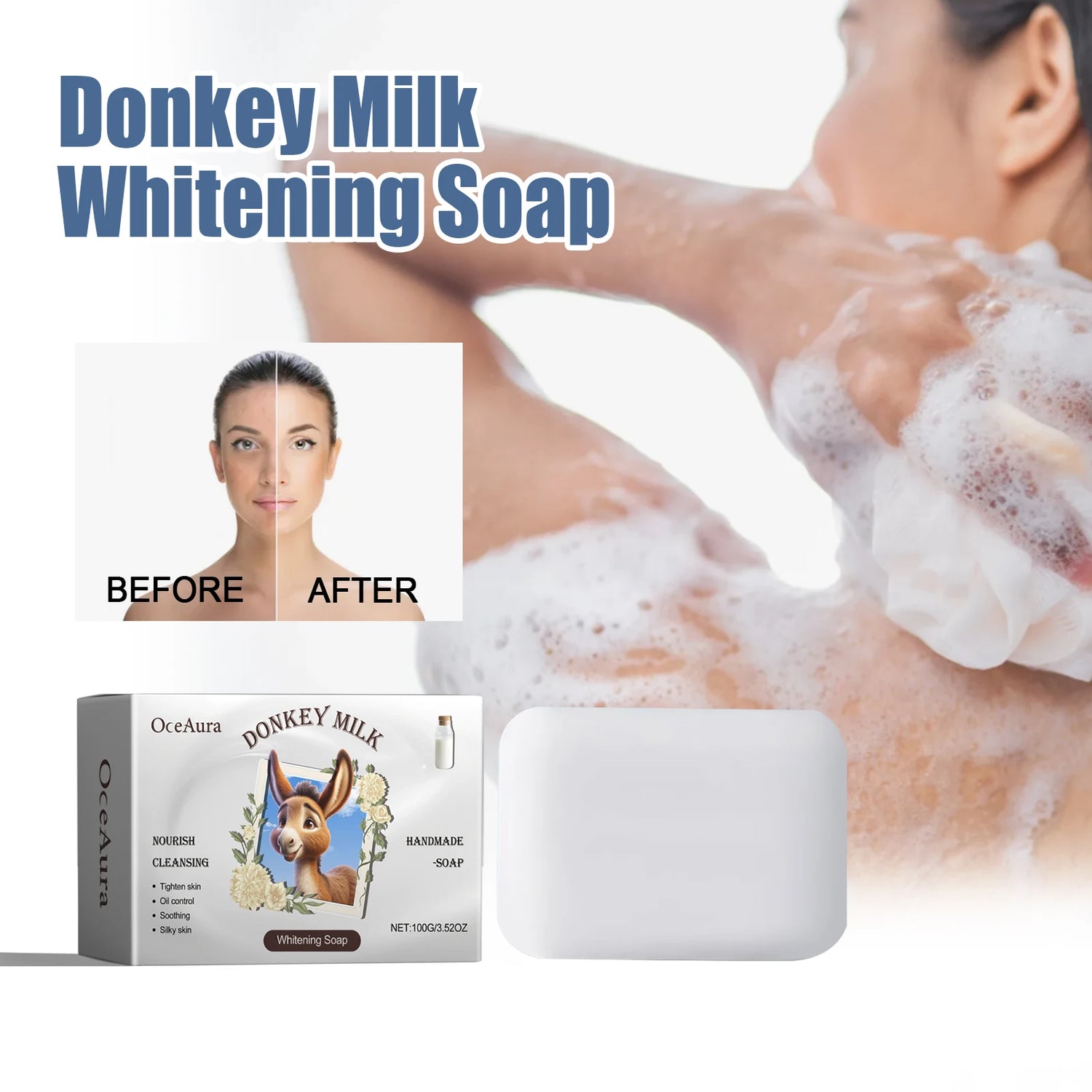Donkey milk whitening soap with packaging and before-after effect on skin.