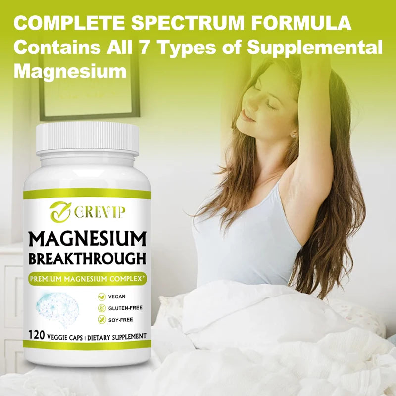 Supplement bottle labeled 'Magnesium Breakthrough' with a woman stretching in the background.