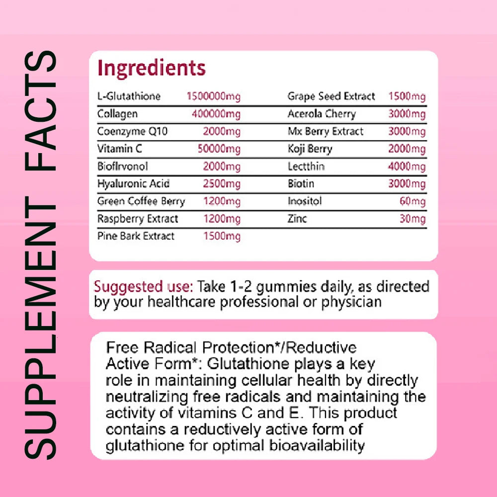 Supplement facts label with ingredients and suggested use on a pink background