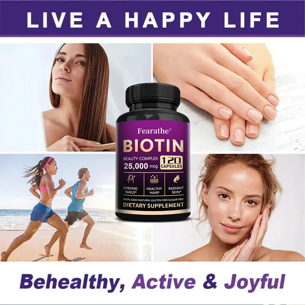 Biotin supplement bottle with lifestyle images and text promoting a happy life.