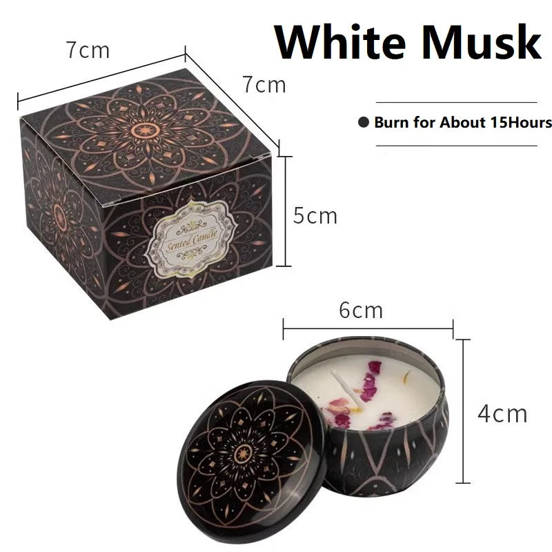 White Musk candle in a decorative black tin with measurements and product details.