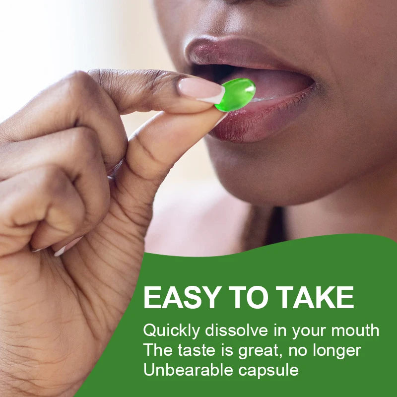 Person taking a green tablet with text about its ease of use and taste.