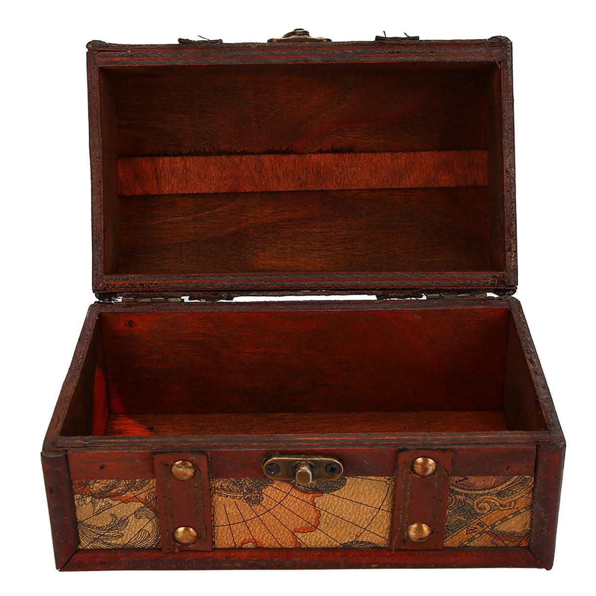 Wooden treasure chest with map design on a white background