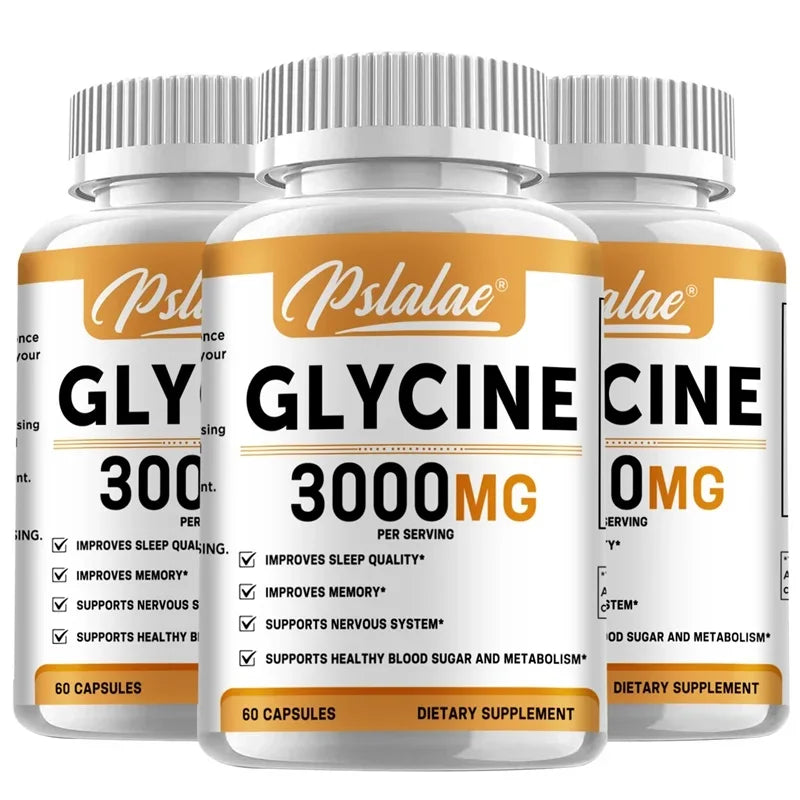 Three bottles of Pslalae Glycine 3000mg dietary supplements on a white background