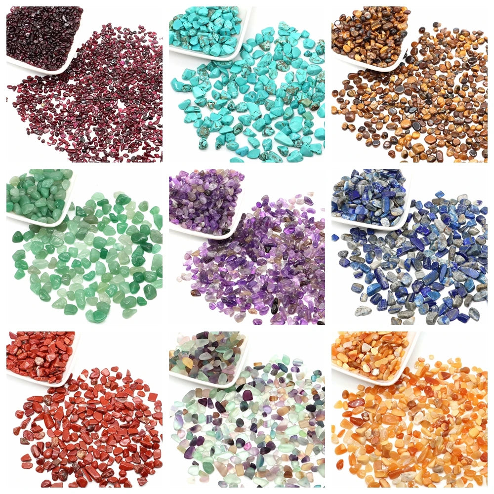 Collection of various colored stones in small bowls arranged in a grid.