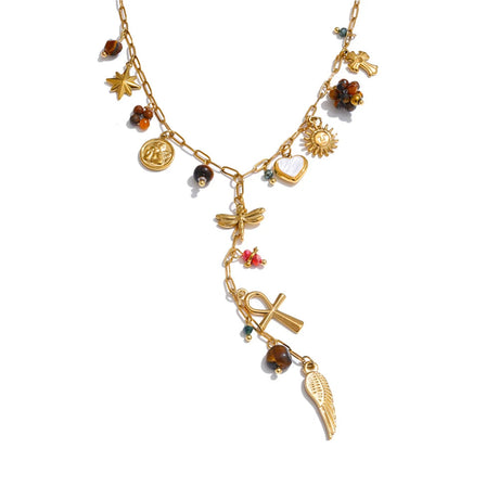 Gold necklace with various charms on a white background, featuring the brand 'Yaopop'.