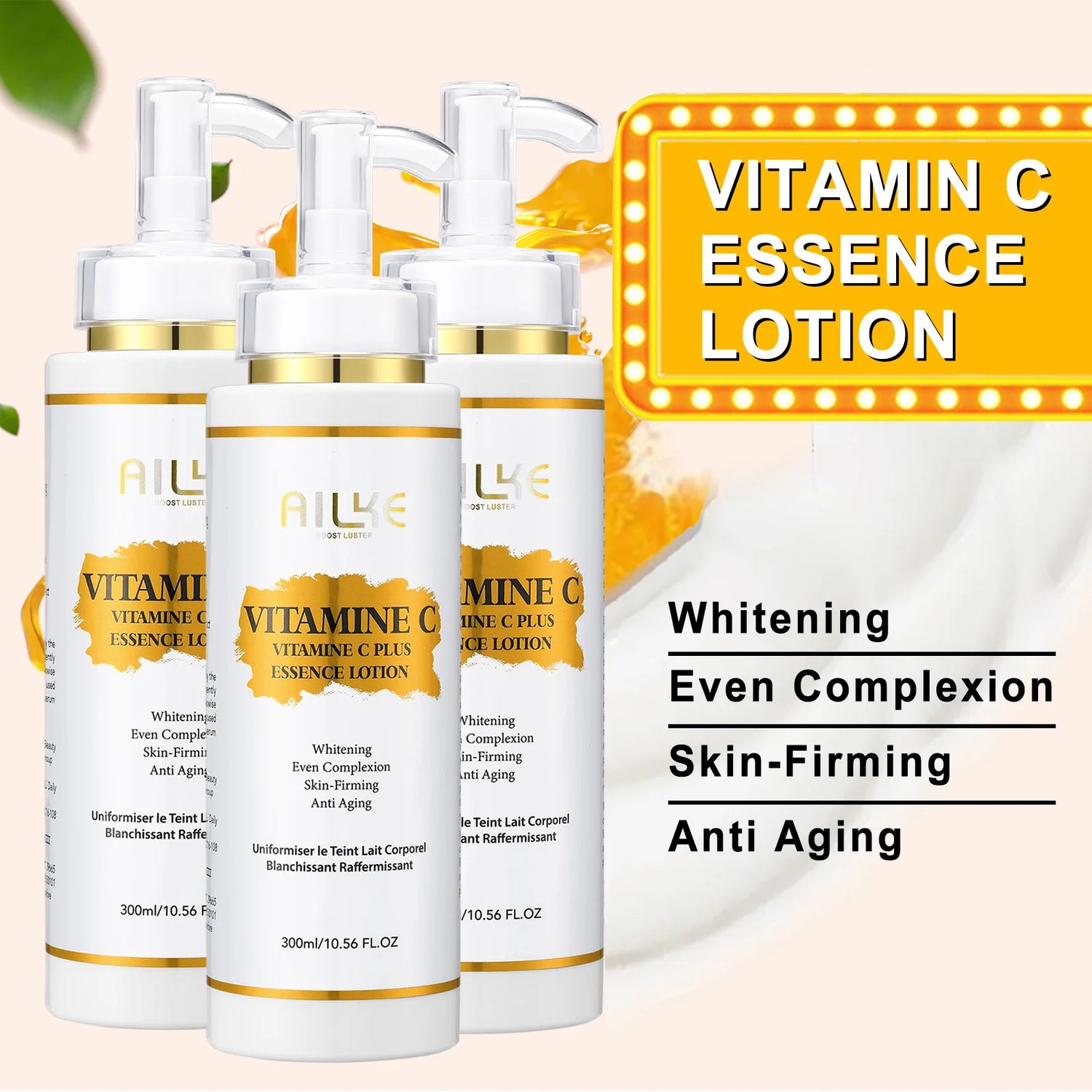 Three bottles of Vitamin C Essence Lotion with a promotional sign highlighting benefits on a light background.