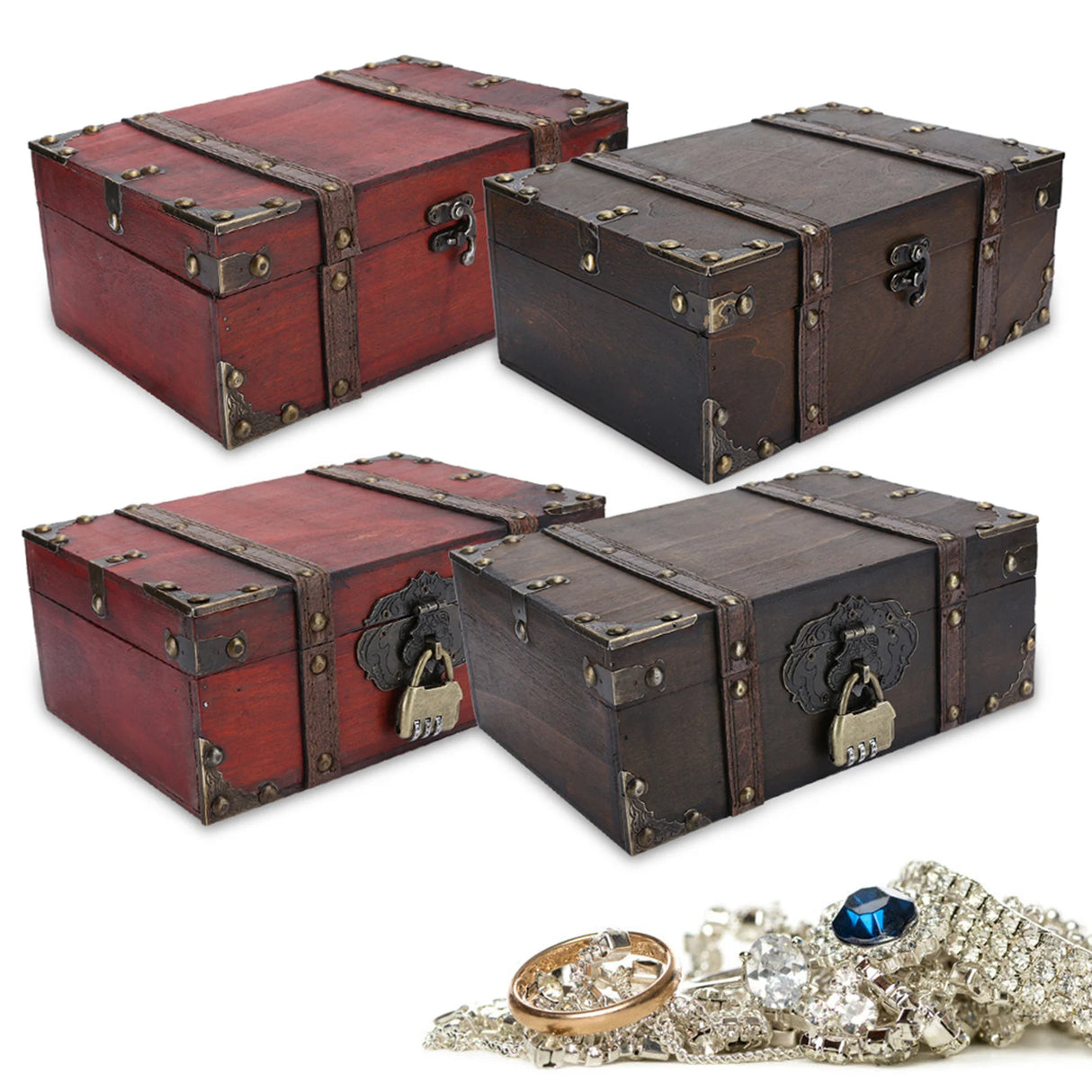 Set of wooden treasure chests with locks on a white background