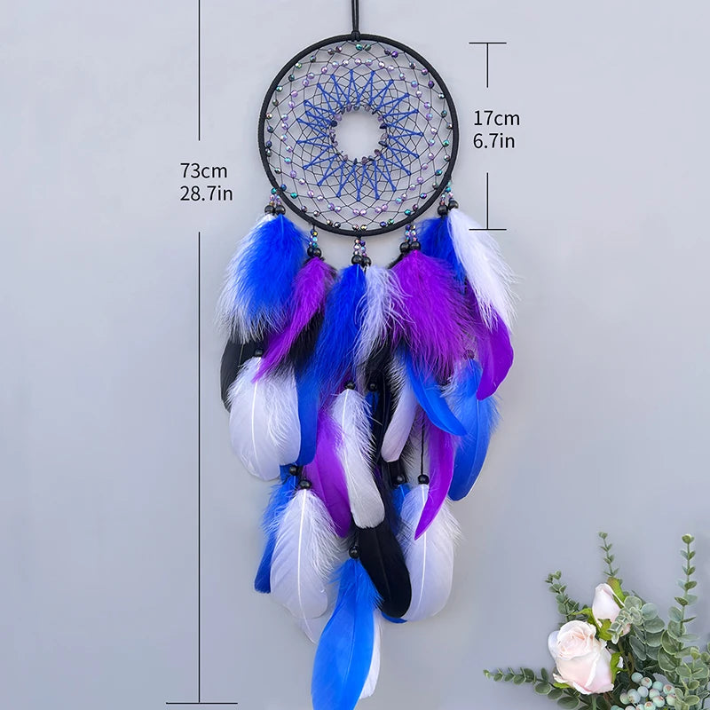 Dreamcatcher with blue, purple, and white feathers on a gray background