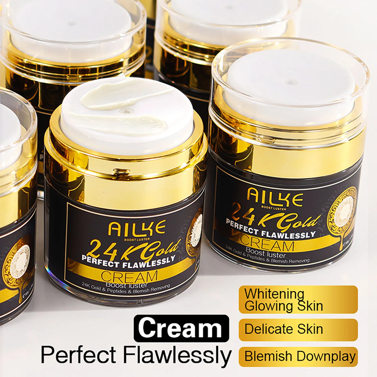 Jars of AILYE 24K Gold Cream with gold and black labels on a white background.