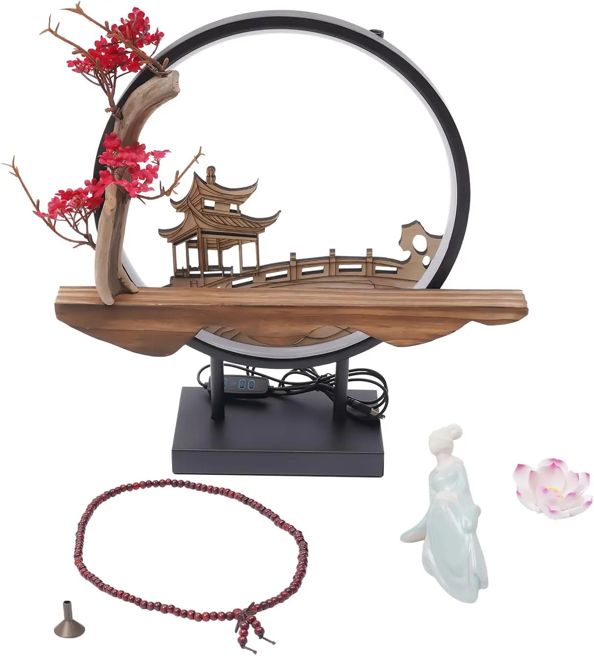 Decorative set with a wooden boat, cherry blossom branch, and small figures on a white background
