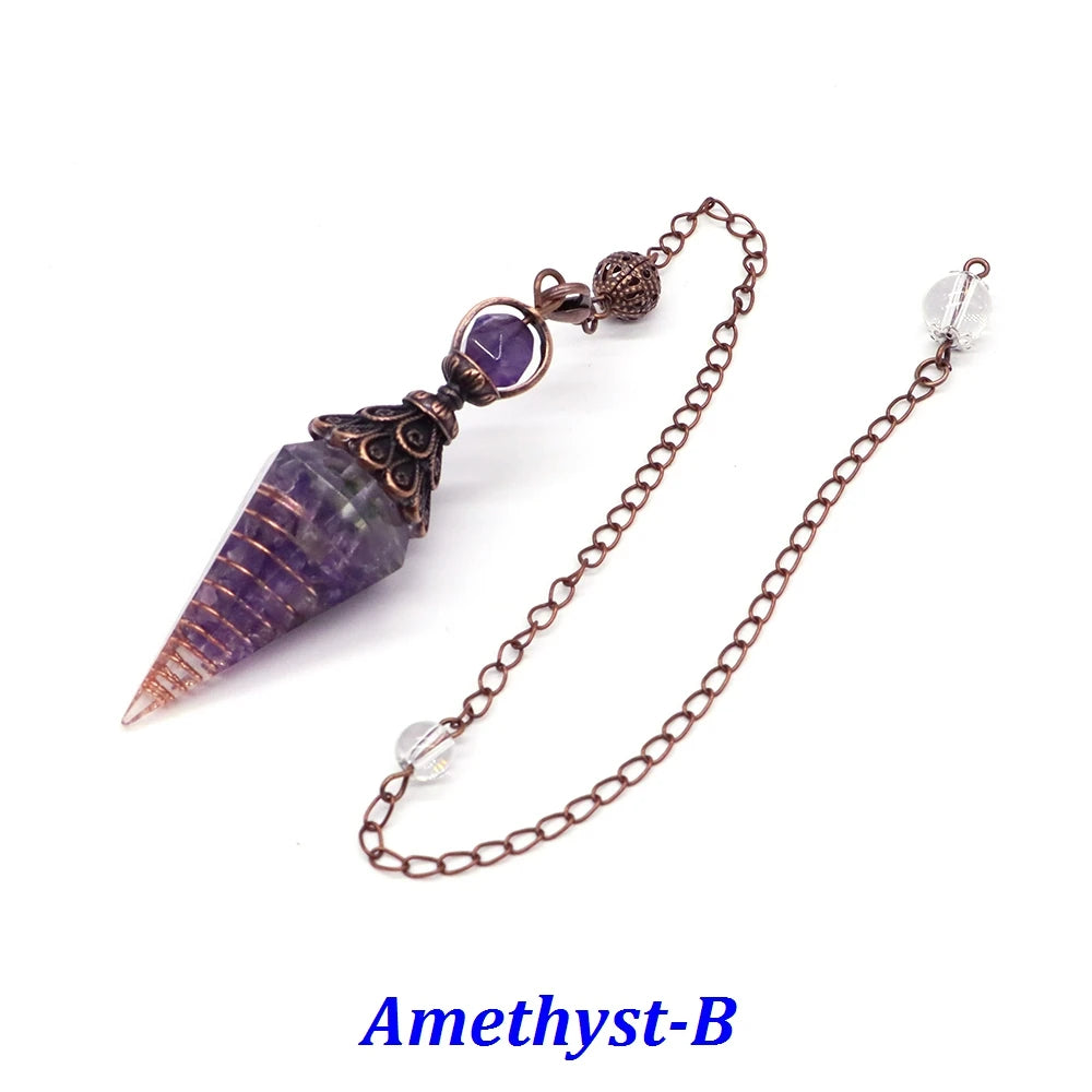 Amethyst crystal pendulum on a chain with 'Amethyst-B' text on a white background