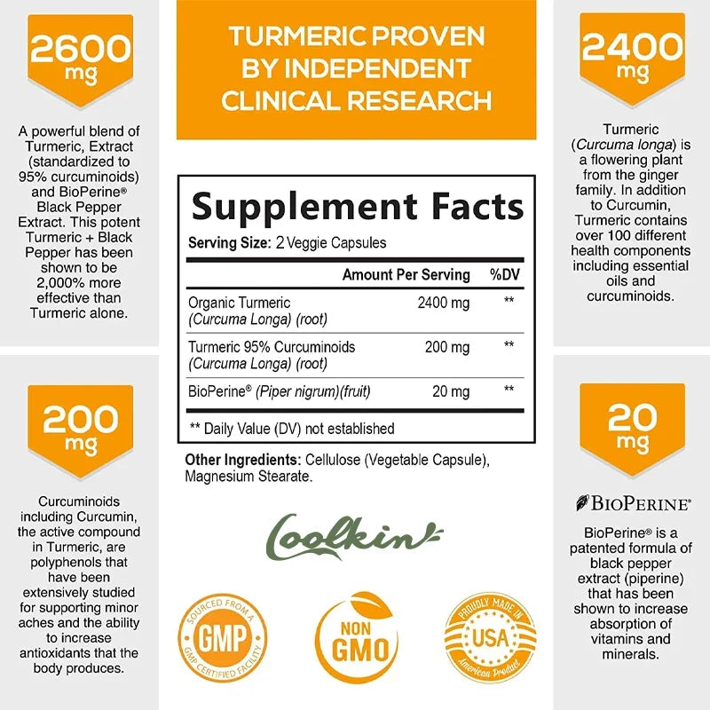 Supplement label for Turmeric with Curcumin and Black Pepper Extract, featuring Coolkin brand logos.