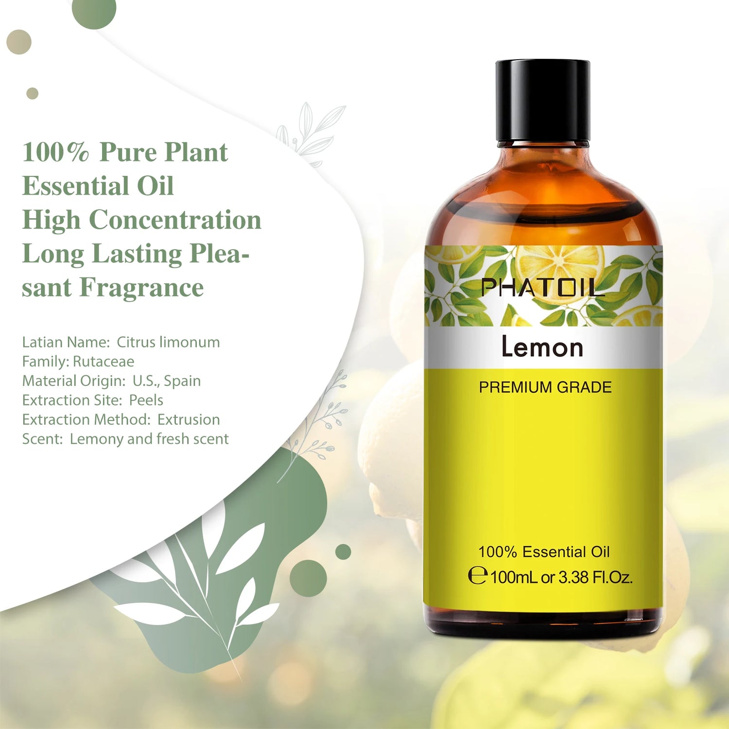 Bottle of lemon essential oil with a green leafy background