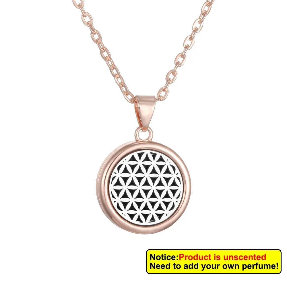 Rose gold necklace with a floral design pendant on a white background