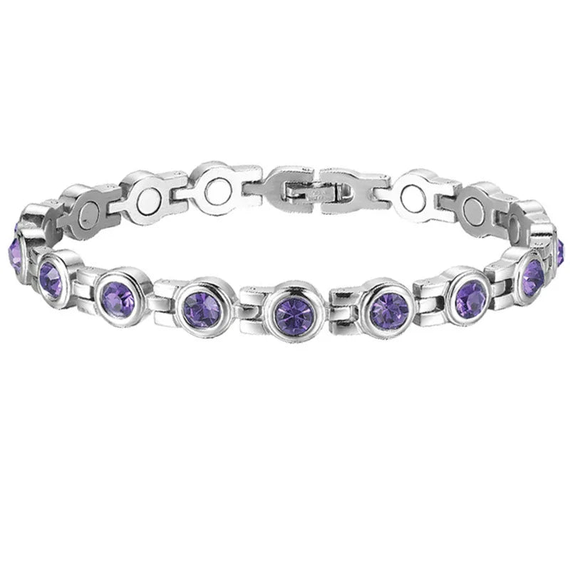 Silver bracelet with purple gemstones on a white background