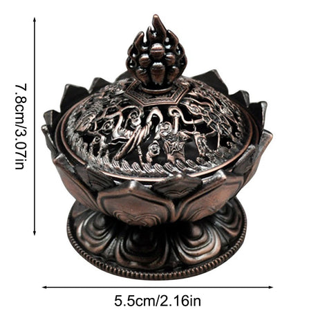 Decorative incense burner with intricate designs and measurements on a white background