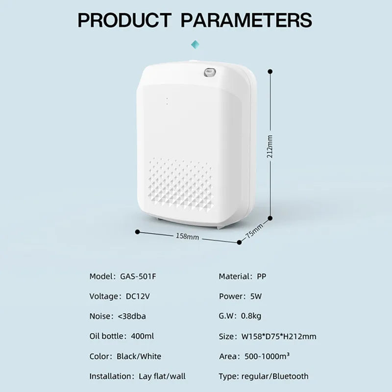 White electronic device with dimensions and specifications on a light blue background