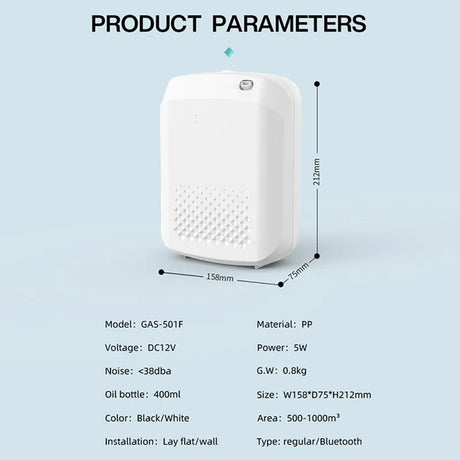 White electronic device with dimensions and specifications on a light blue background