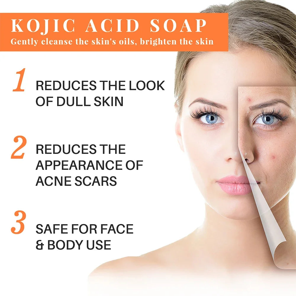 Advertisement for Kojic Acid Soap with a split-face comparison and benefits listed.