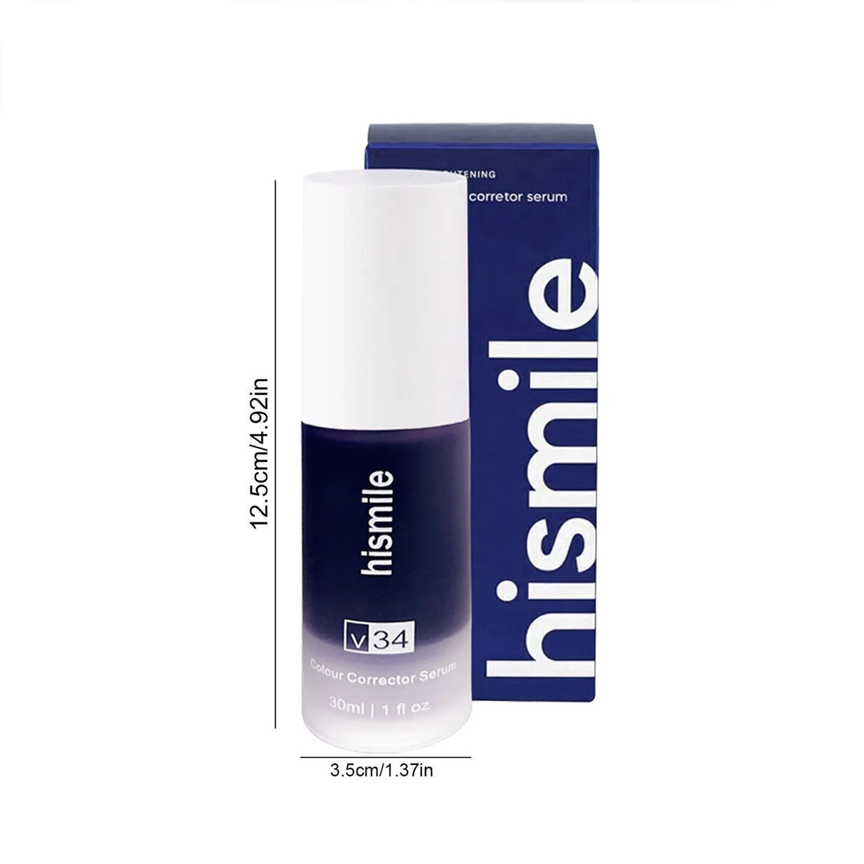 Hismile serum bottle and packaging with measurements on a white background
