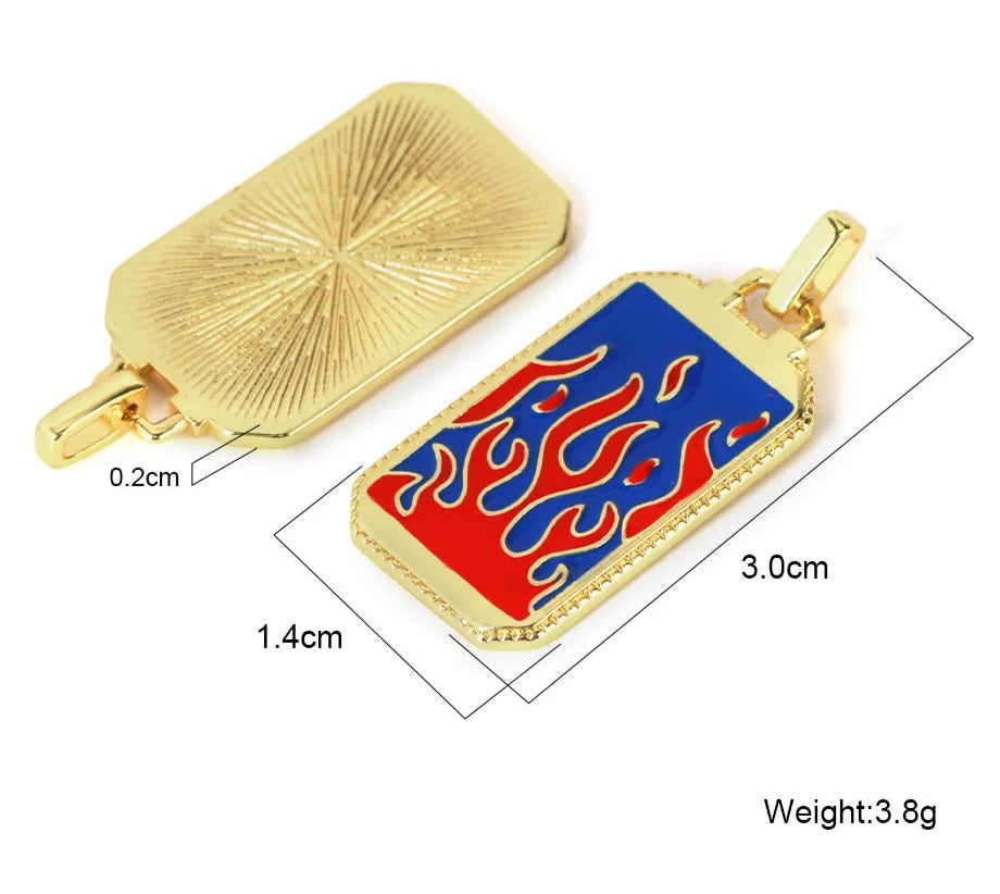 Gold pendant with flame design and measurements on a white background