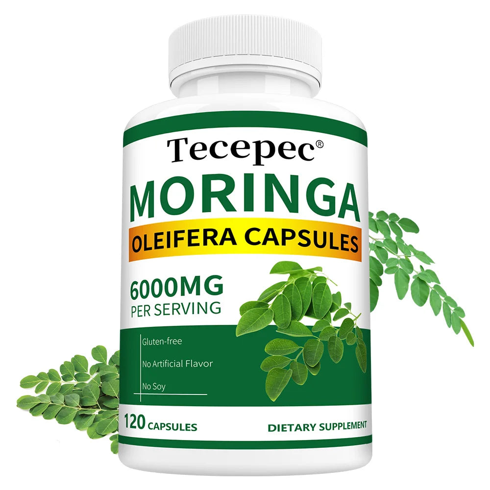Tecepec Moringa Oleifera capsules bottle with green leaves on a white background