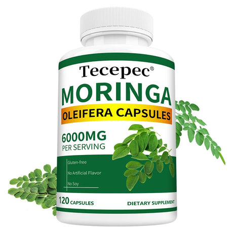Tecepec Moringa Oleifera capsules bottle with green leaves on a white background