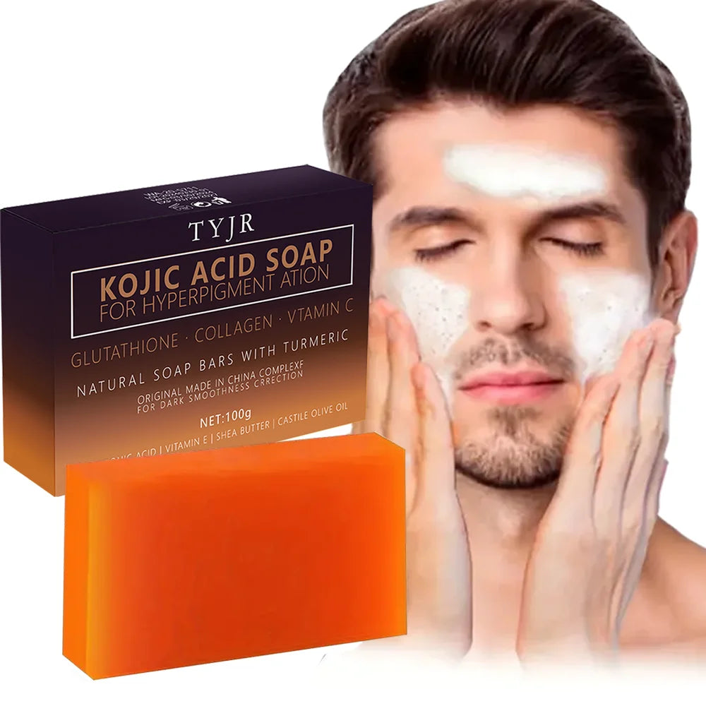 Tyjr Kojic Acid Soap for hyperpigmentation with a man applying soap to his face.