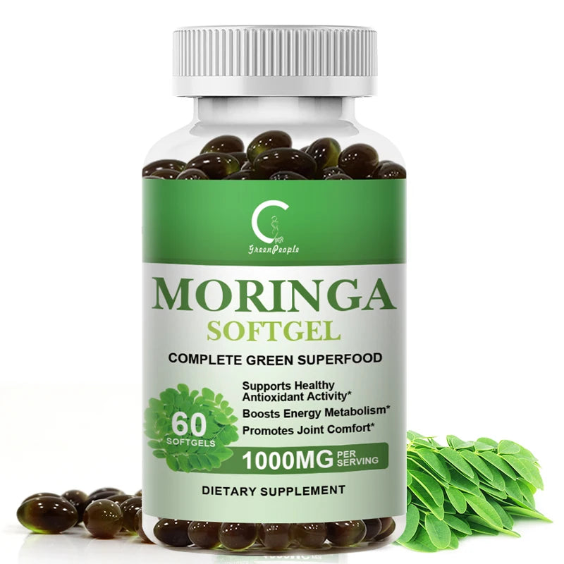 Bottle of Moringa Softgels with green label on a white background