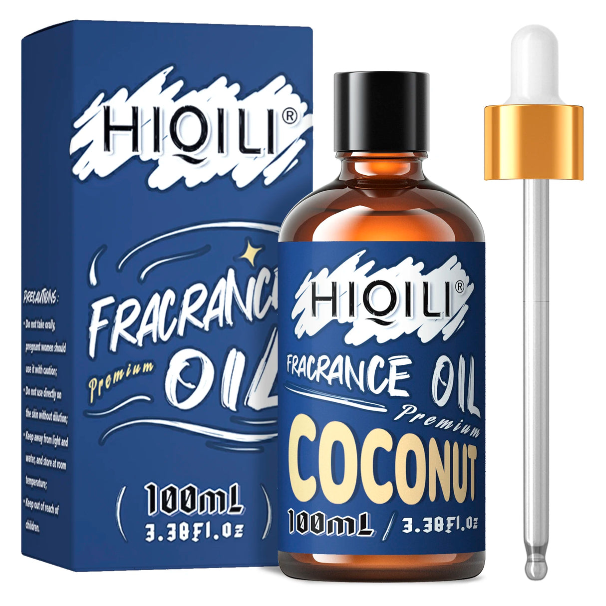 HIQILI coconut fragrance oil bottle with packaging on a white background
