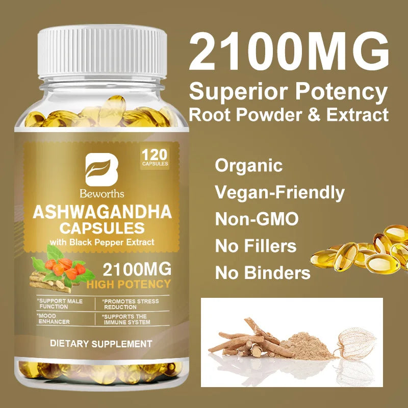 Bottle of Ashwagandha capsules with text highlighting properties on a brown background