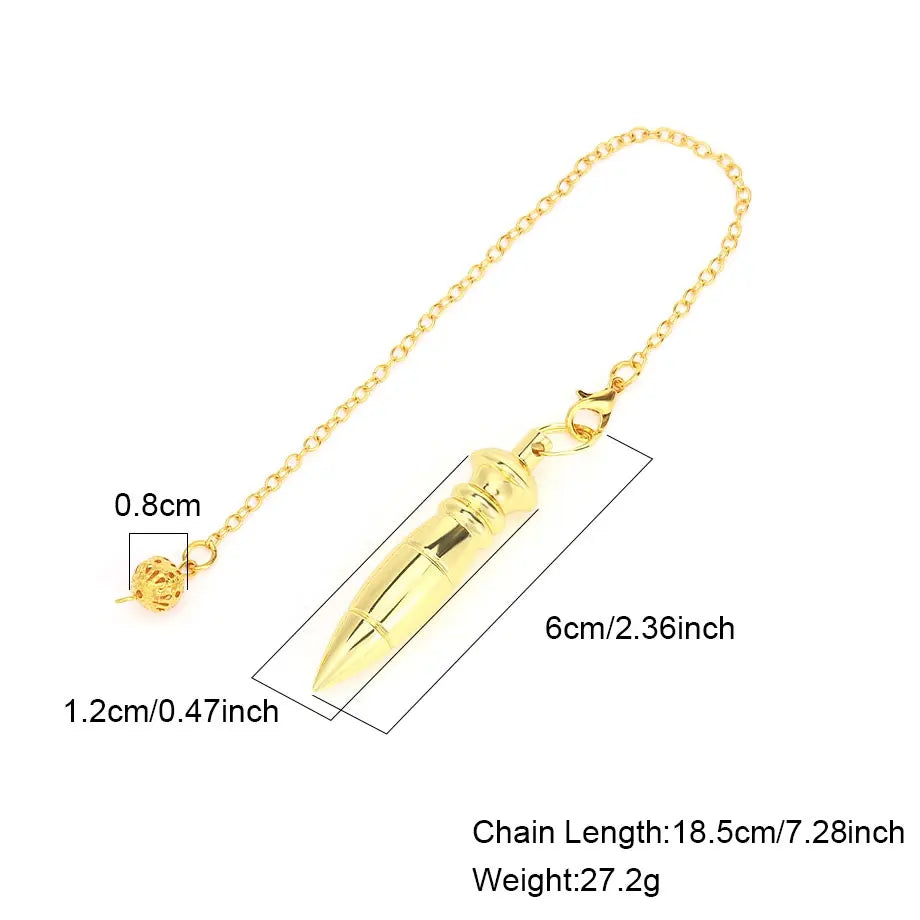 Gold necklace with bullet-shaped pendant and measurements on a white background