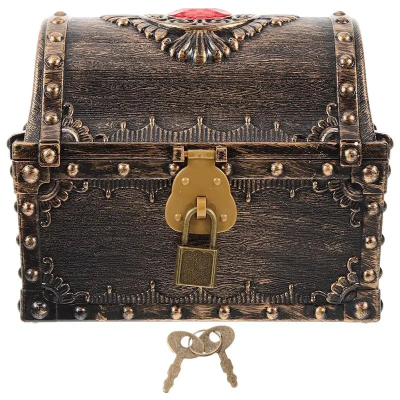 Decorative wooden chest with ornate details and a gold lock on a white background