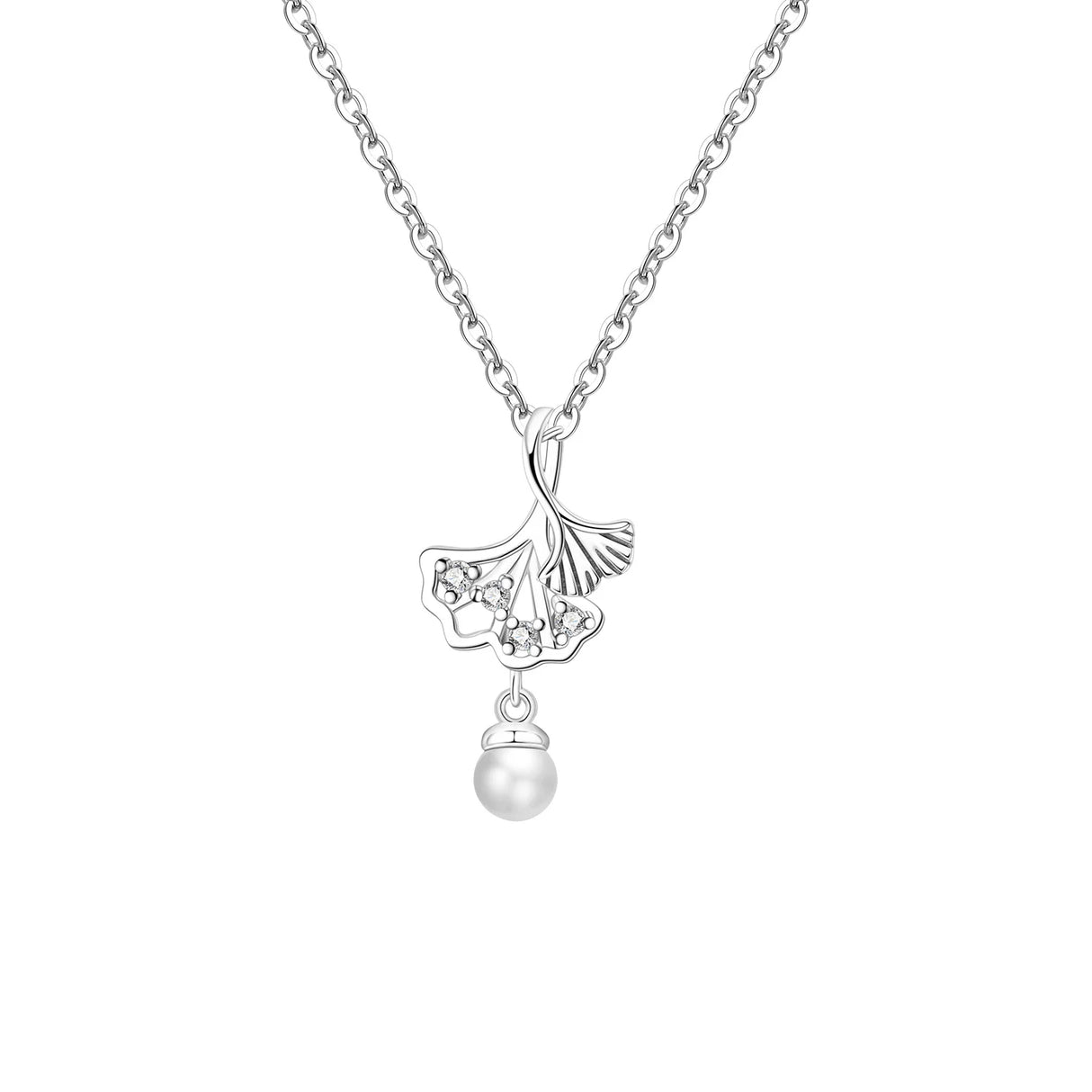 Silver necklace with a ginkgo leaf pendant and pearl drop on a white background